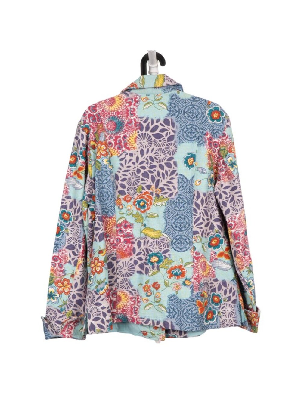 Patchwork Floral Jacket L Womens Pastel Denim Long Blue Boho Hippie Multicolor - Picture 6 of 6